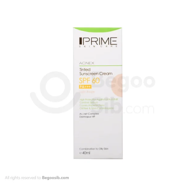 کرم ضد آفتاب رنگی فاقد چربی پرایم SPF60 مناسب پوست های چرب و دارای جوش بژ روشن 40 میلی لیتری