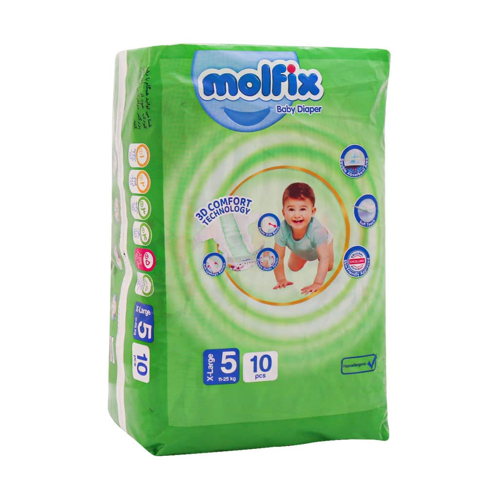 Molfix-Baby-Diaper-Number-5-2 پوشک مولفیکس سایز 5 مخصوص کودکان 11 تا 25 کیلوگرم 10 عددی - Image 1