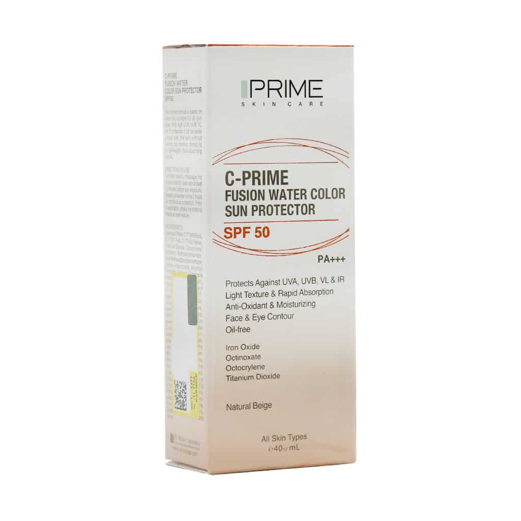 Prime-Fusion-water-Spf50-Sunscreen-Cream-natural فلوئید ضد آفتاب SPF50 فیوژن واتر پرایم حاوی ویتامین C بژ طبیعی حجم 40 میلی لیتری