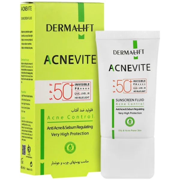 ضد آفتاب فلوئید +SPF50 بی رنگ مناسب پوست چرب آکنویت درمالیفت 40 میلی لیتری