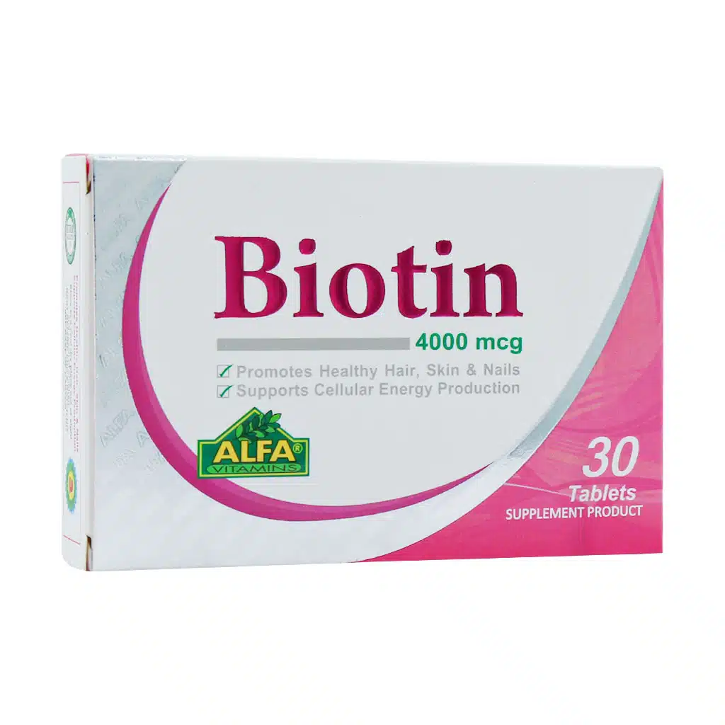 Alfa-Vitamins-Biotin-۴۰۰۰-Mcg-۳۰-Tablets.jpg قرص بیوتین 4000 میکروگرم آلفا ویتامینز 30 عددی - Image 1